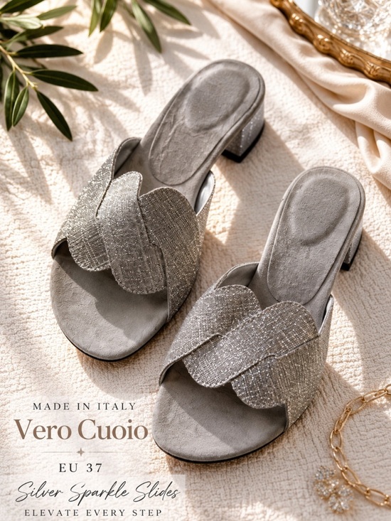 Shoes - Silver Sparkle Slide Sandals Low Block Heel | Evening & Special Occasion
